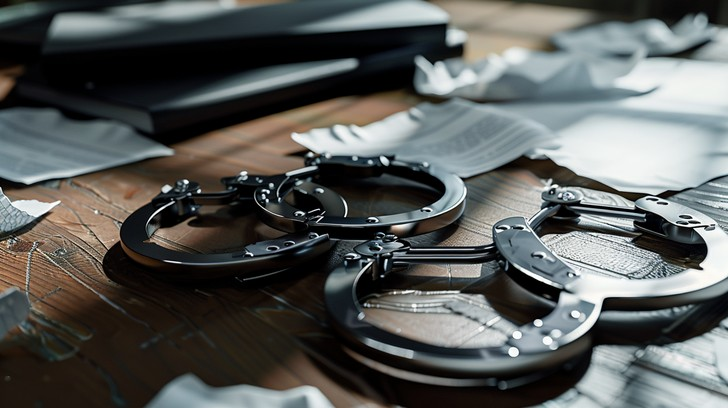 Pair of handcuffs resting on legal documents