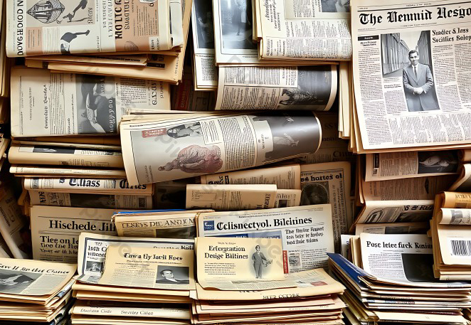 Stack of vintage newspapers with classified advertisements