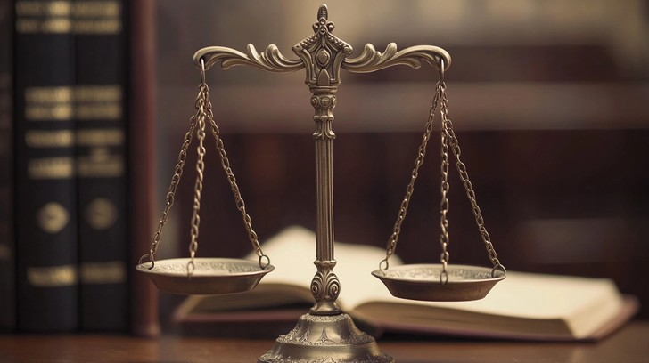 Brass scales of justice on a desk